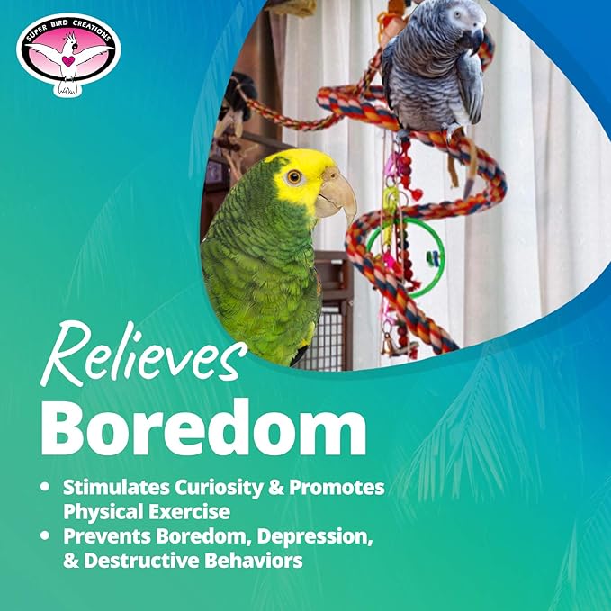 Super Bird Creations SB325 Large Bungee Bird Toy - Rope Perch for African Greys, Parrots, Small Cockatoos, Amazons - Colorful Hanging Perch - Enriching Bungee Toy for Large Birds & in Bird Cages