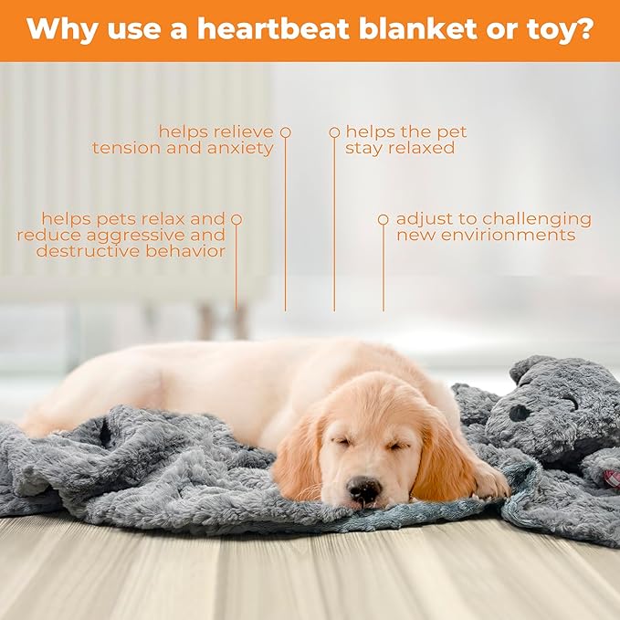 Heartbeat Toy Heartbeat Blanket for Dog Anxiety Relief, Heartbeat Stuffed Animal for Puppy Calming Aid Behavioral Aid, Dog Comfort Toy for Sleep Aid Cuddle, Grey