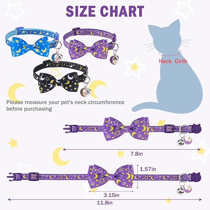 SCENEREAL Breakaway Cat Collar with Bell, 3 Pack Safety Adjustable Cat Collars with Pendant, Spring Summer Personalised Puppy Kitten Collar with Bowtie for Boys Girls, Star and Moon Elements