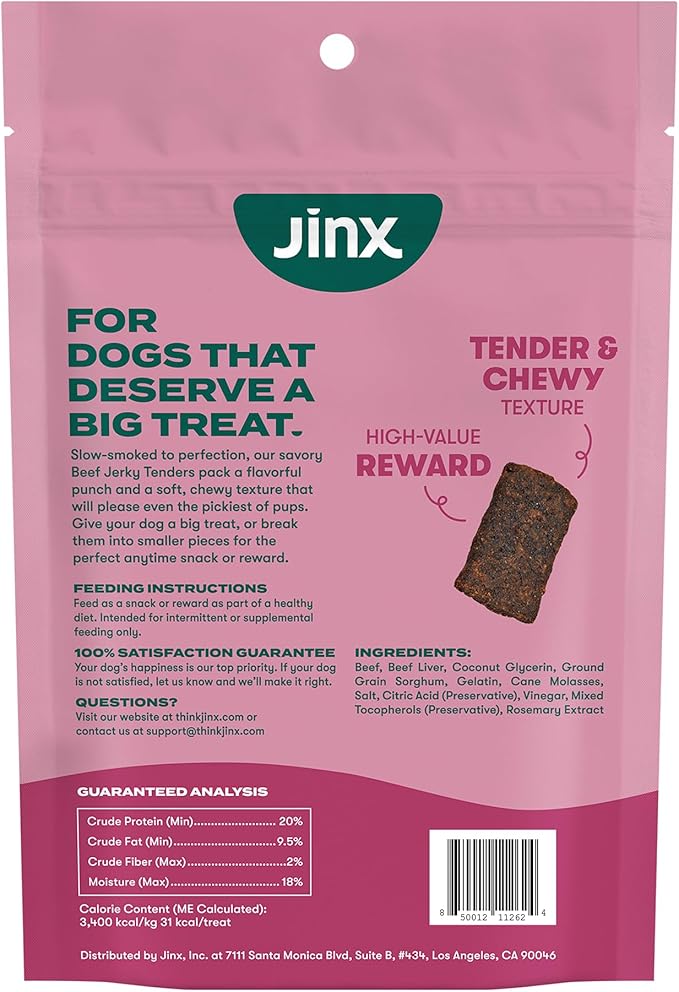Jinx Tenders Beef Jerky Dog Treats, All Natural Ingredients, Soft and Chewy, Low-Calorie, Slow-Smoked Beef & Liver, No Fillers, 5oz, 6 Pack