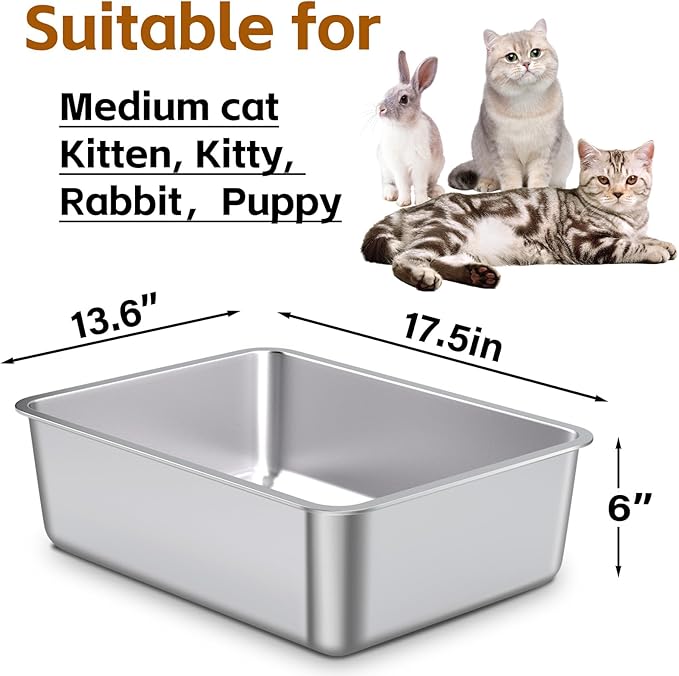 Stainless Steel Litter Box 2 Pack,Metal Litter Box for Cat Easy to Clean,Medium Cat LitterBox for Cats/Kitty/Rabbit,Metal Cat Toilet for Kitten,Non Stick, No Smell,17.7" L x 13.8" W x 6" H