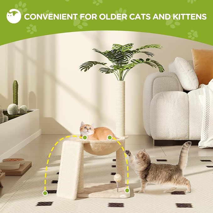 Small Cat Tree, Green Cat Tree with Scratching Post, Hammock Toy Ball and Palm Leaves for Kittens, Cat Tower for Indoor