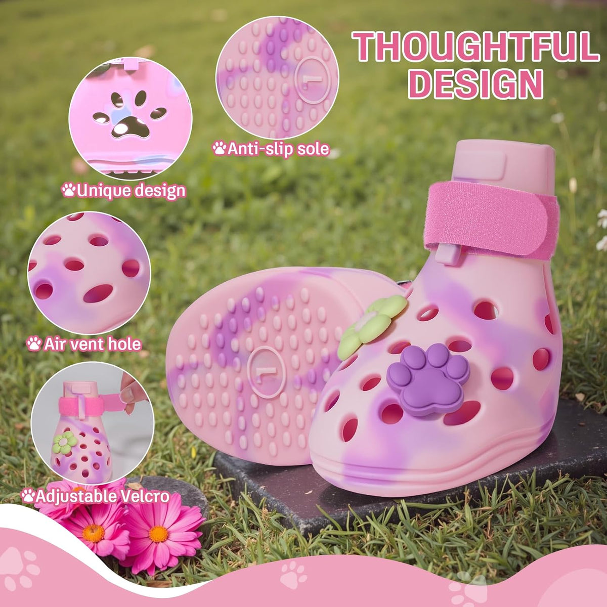 Dog Shoes for Hot Pavement, Adjustable Magic Tape Boots for Small, Medium & Large Dogs, Anti-Slip, Easy to Clean Paw Protectors for Beach, Outdoor & Hot Weather (Pink L)