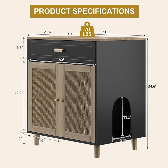 Cat Litter Box Enclosure Furniture Hidden - Indoor 2-in-1 Wooden Cat House & Washroom Cabinet with Scratching Board Doors and Drawer, 31.5”x21.6”x34.6”, Black