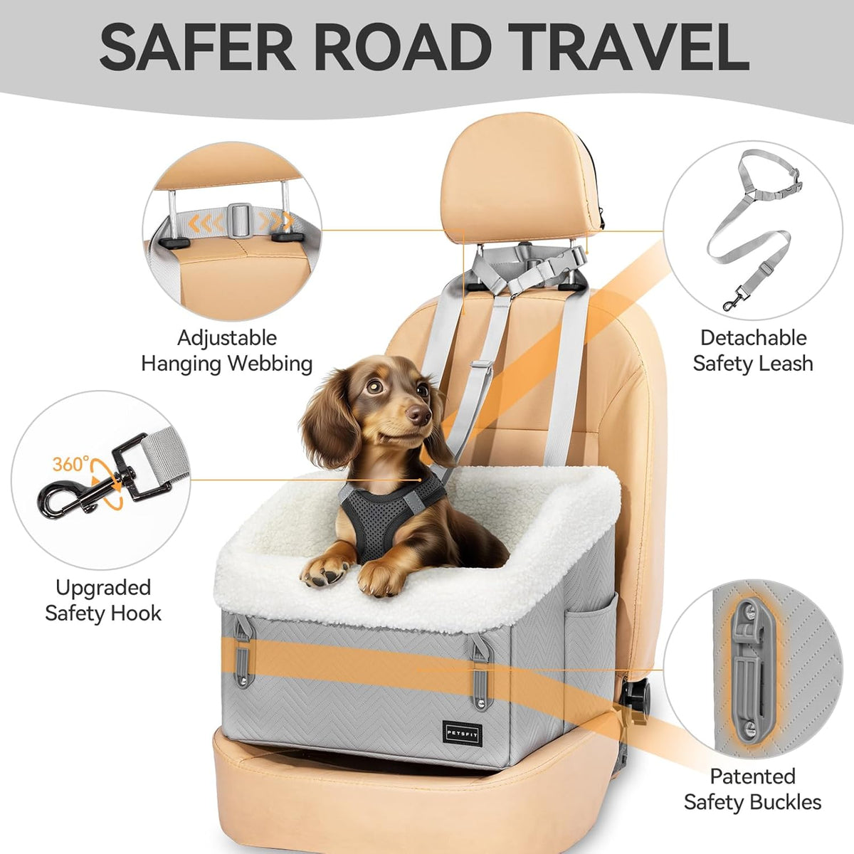 PETSFIT Small Dog Car Seat, Waterproof PU Leather Dog Booster Car Seat with Patented Safe Buckles, Pet Carseat for Medium or Small Sized Pets up to 30 lbs (Grey)