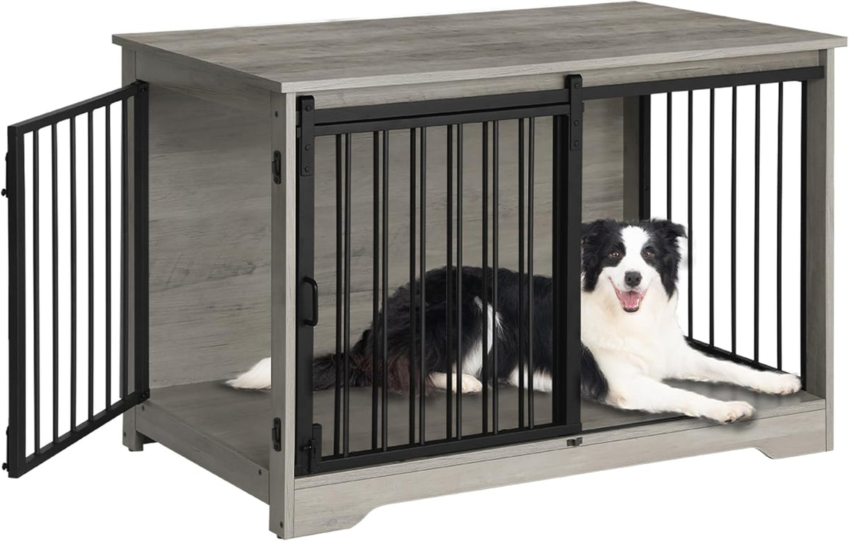 39.4" Heavy Duty Dog Crate Furniture with Barn Door, Wood Indoor Dog Crate Kennel for Small/Medium/Large Dogs, End Side Table, TV Stand, Greige Black DFC02305B