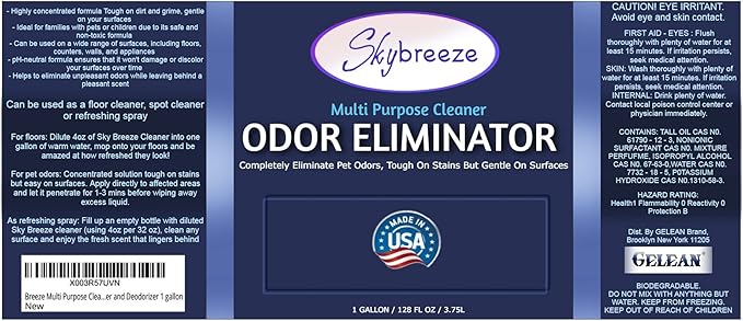 Multi Purpose Cleaner Pet Odor eliminator - pH Neutral - Strong Odor Floor Cleaner - Pet Odor Eliminator for Home - Best Scent Remover for Cat and Dog Pee All Purpose Cleaner 1 gallon (Sky Breeze)