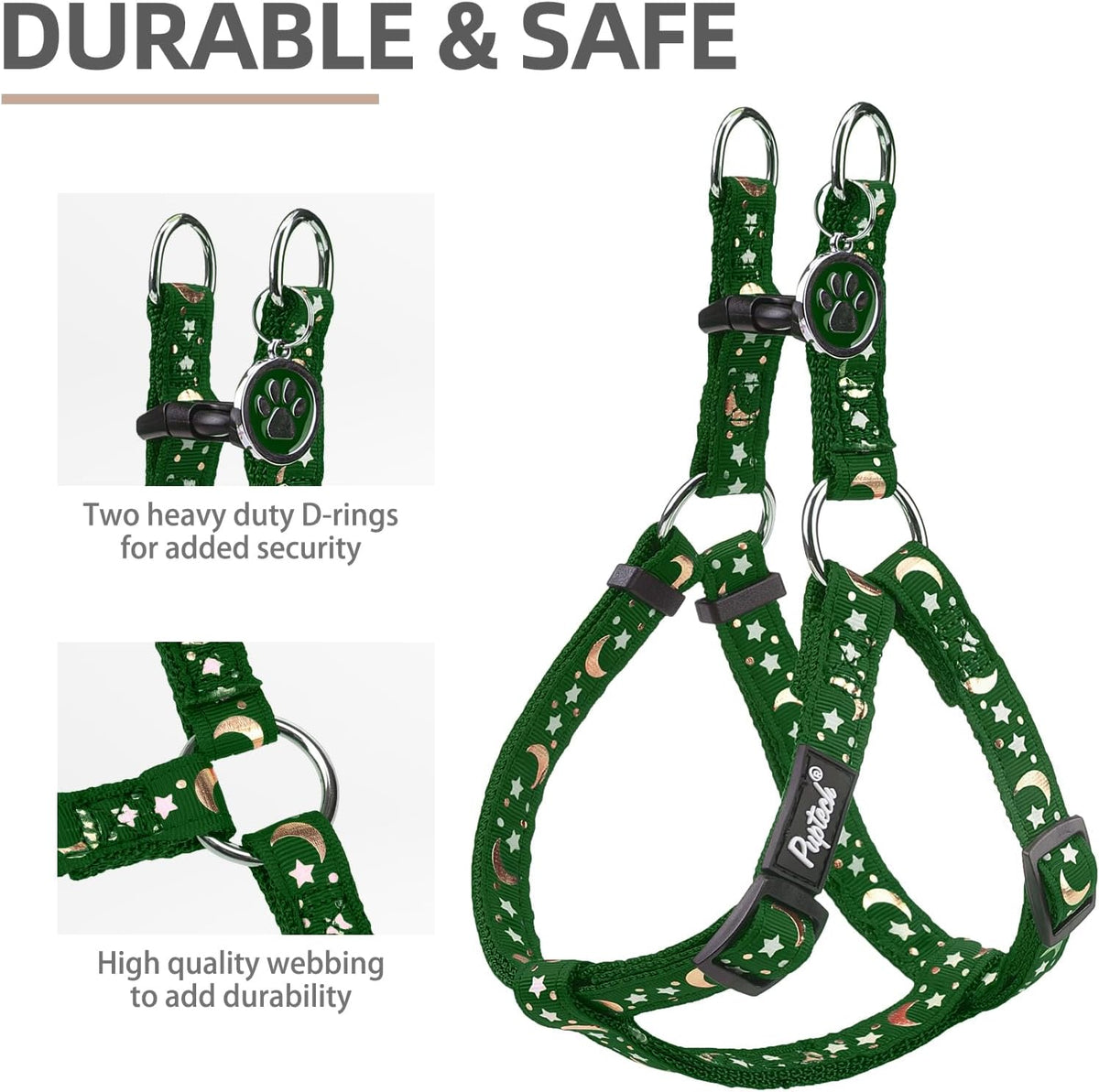 PUPTECK No Pull Dog Harness Soft Adjustable Basic Nylon Step in Puppy Vest Outdoor Walking with ID Tag, Moon Star Green, S