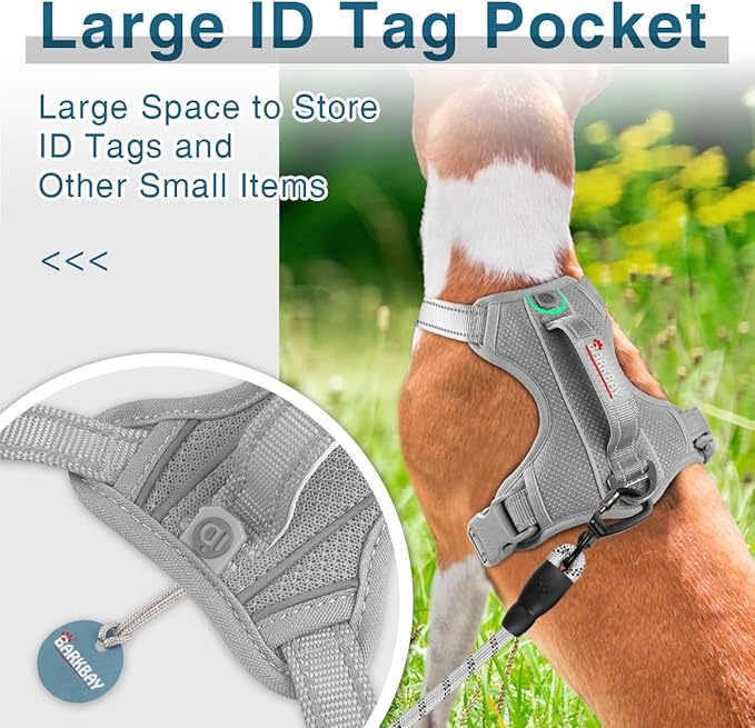 BARKBAY Dog Harness No Pull with ID Tag Pocket - Heavy Duty, Reflective, Easy Control for Large Dogs(Grey,S)