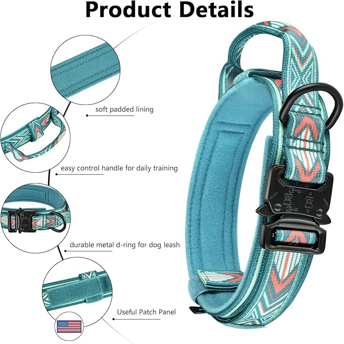 DAGANXI Tactical Dog Collar, Adjustable Military Training Nylon Dog Collar with Control Handle and Heavy Metal Buckle for Medium and Large Dogs, with Patches and Airtags Case (M, Green Arrow)