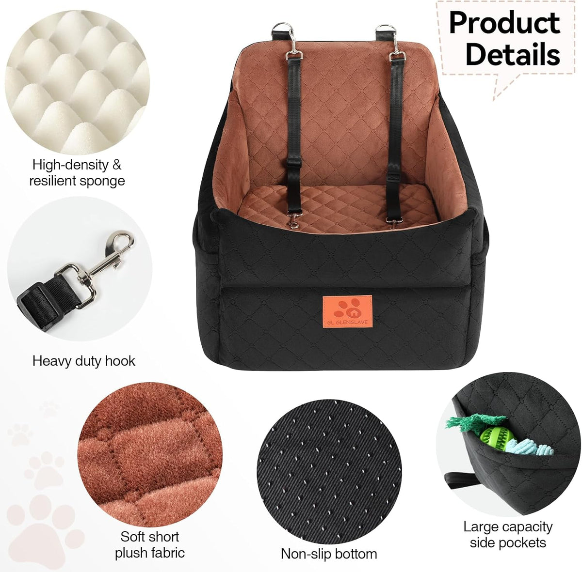 Dog Car Seat for Small/Medium Dogs, Dog Booster Car Seats with Thick Cushion for Dogs Under 35lbs, Detachable Washable Pet Car Seat with Storage Pockets, 2 Safety Belts(Black/Brown)