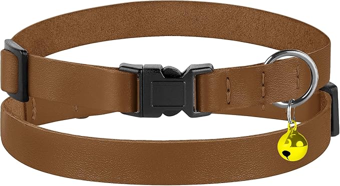 Breakaway Cat Collar with Bell - Leather Adjustable Kitten Collars with Safety Quick Release Buckle - Soft Small Pet Collars for Girl & Boy Cats (Brown)