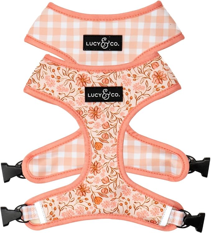 Lucy & Co. Cute Reversible Dog Harness Walking Halter - Best Designer Pet Harnesses for XS - XL Dogs - Padded Adjustable Vest for Easy Walking-X-Small-Peach Pink Floral Plaid