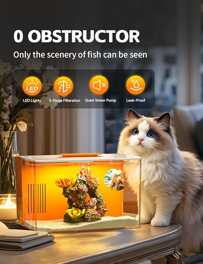 Small Fish Tank Aquarium Kit with Heater, Self Cleaning Hidden Filtration, Light, Lid, Adjustable Water Flow Pump, 2.5 Gallon, Acrylic