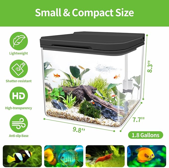 Small Fish Tank Kit 1.8 Gallon, Aquarium Starter Kit with Super-Quiet Water Pump, Dual Rain Filtration, Self Cleaning Function, Shatter-Resistant & Leak-Proof Base (Black)
