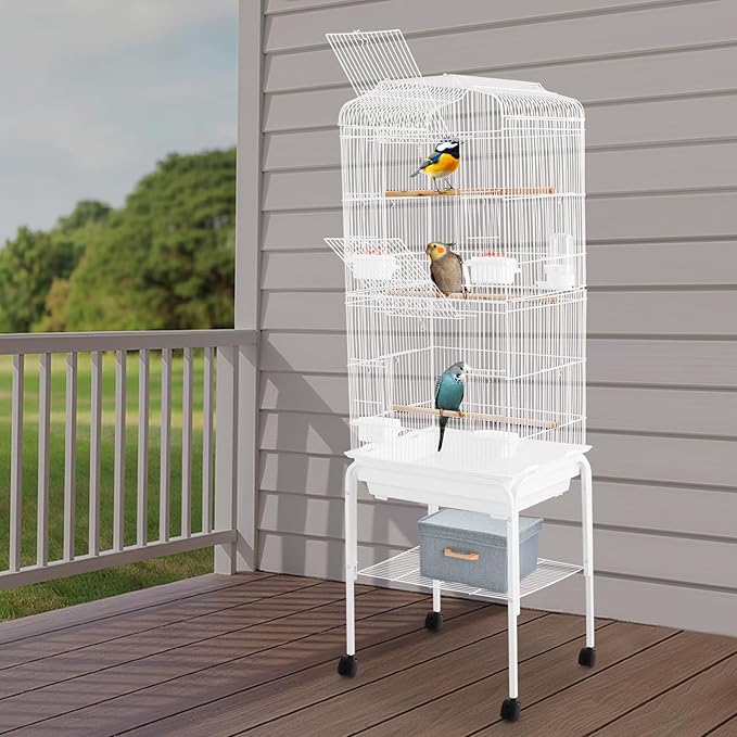 Extra Large Bird Cage, 54" Rolling Breeding Flight Bird Cages w/ 360° Wheels, Open Play Top Bird Cage with Detechable Stand for Parrots, Caiques, Macaw (White)