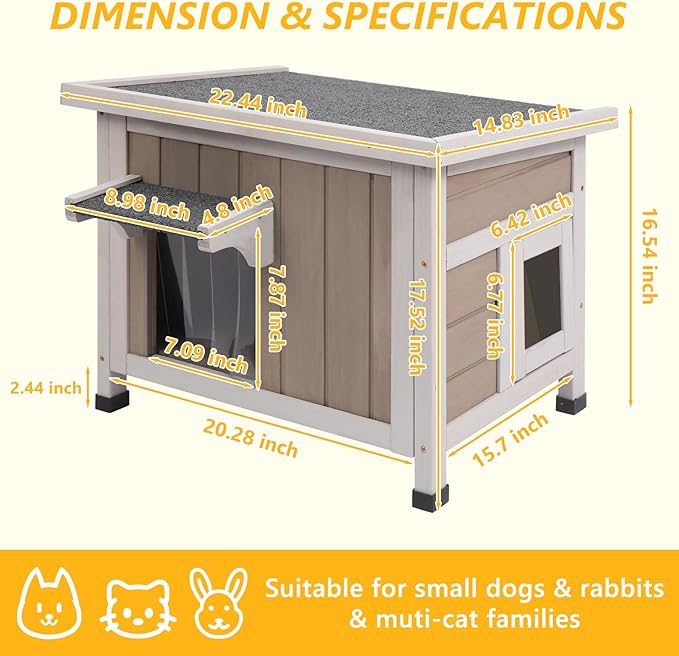 22.44" L Cat House,Feral Cat Shelter for Kittens,Outdoor Weatherproof Cat Enclosure with Openable Asphalt Roof & 2 Escape Doors for Small Cats,Suit for 1-2 Cat,Grey