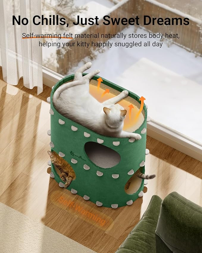 DownyPaws Cat House for Indoor Cats, 2-Storey Foldable Cat Bed Cave, Felt Cats Tunnel Bed Condo, Castle Kitten Cube Hideaway for Multicats, Scratch Resistant, Forest