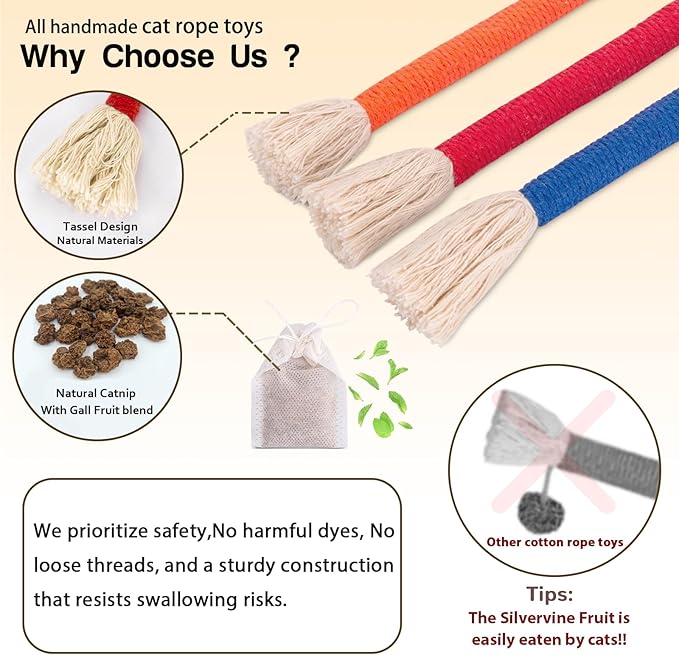 Retro Shaw 23.6 Inches Cat Toys Chew Ropes with Catnip, Safe String Kitten Teeth Cleaning Toys for Indoor Cats Kitty, Interactive Cat Nip Kicker Pet Toys, 3 Pack