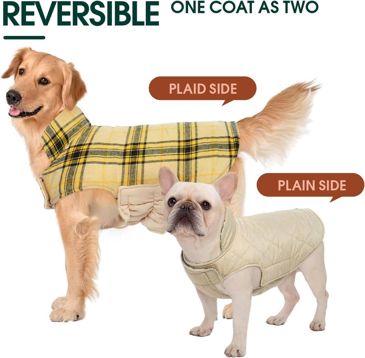 Kuoser Warm Dog Coat, Waterproof Dog Coats for X-Small Dogs, Adjustable Durable Doggie Winter Jacket Reversible Cozy Puppy Cold Weather Apparel from Small to Large Breed, Yellow XS