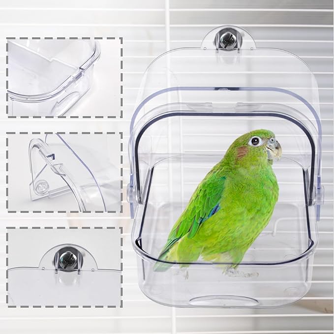 Bird Bath for Cage Transparent Bird Bathtub Hanging Portable Shower Pool No-Leakage with Stainless Steel Hooks for Small Birds Parakeet Canary Budgerigar Parrot Crested