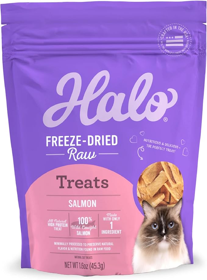 Halo Freeze Dried Raw Cat Treats, 100% Wild Caught Salmon Recipe, Cat Treats Pouch, All-Natural High Protien Treat, 1.6 Oz Pouch