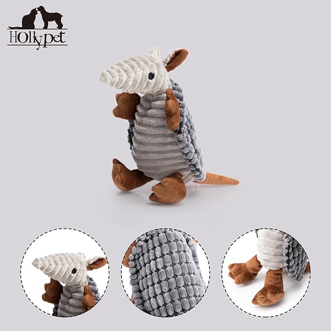 Hollypet Plush Dog Squeaky Toy Stuffed Armadillo Animal Pet Puppy Chew Toys with Clean Teeth for Small Medium Large All Breed Sizes Dogs, Dark Gray, 8 in