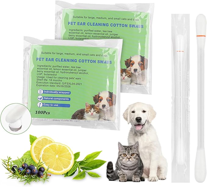 twoworld Pet Ear Swabs,2-in-1 Pet Ear Cleaning Liquid Swabs,Cat & Small Dog Ear Cleaner Swabs,Ear Cleaner Solution for Dogs and Cat for Daily Ear Cleaning Removes Wax, Dirt, & Odor (100)