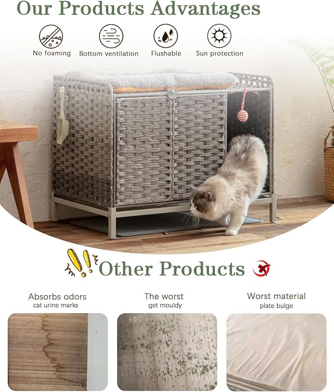 Cat Litter Box Enclosure Furniture with Divider, Handwoven Rattan Litter Box with Mat, 31.2 x 19.6 x 24.2 Inches, Metal Heightened Feet, Hidden Cat House for Living Room, Bedroom (Gray)