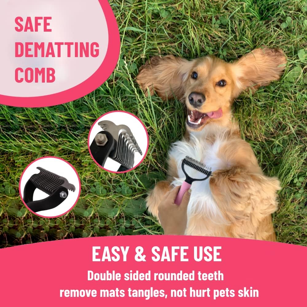 Dog Grooming Kit - Deshedding Brush for Short Hair, Slicker Brush, Flea Comb, Puppy Brush Set in Pink