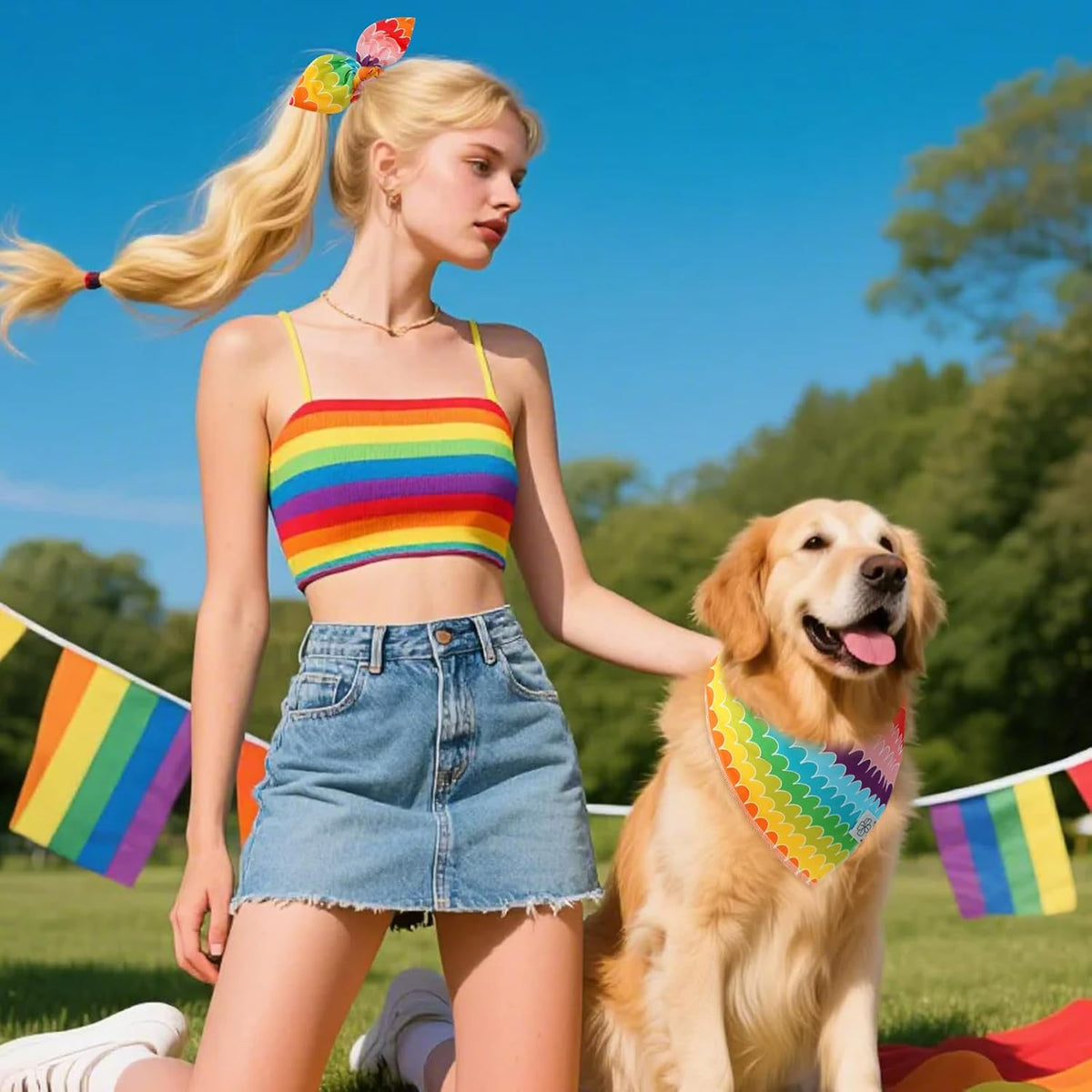E-Clover Rainbow Dog Bandanas & Matching Scrunchie Set Girl Cute Pride Dog Scarf Bibs Pet Bandana with Bow Tie for Small Dogs Puppy Owner Mom Summer