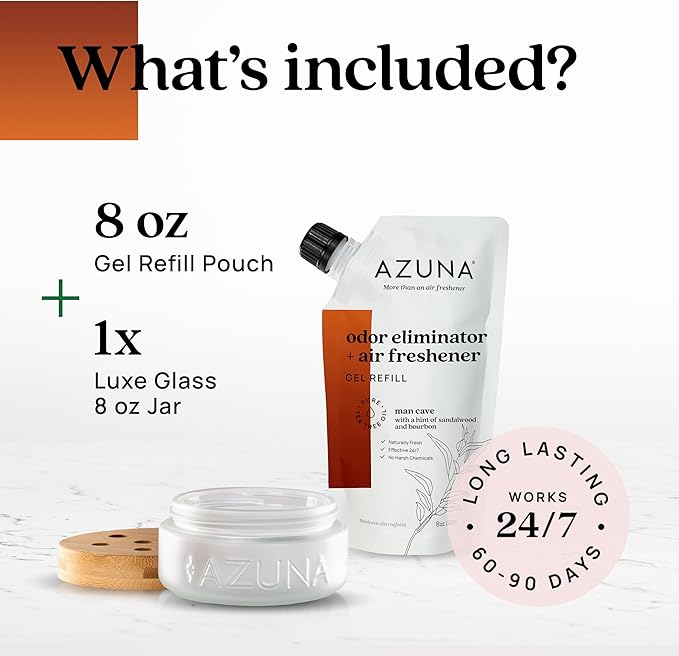 Azuna Air Freshener & Odor Eliminator for Strong Odor | 1 Room Kit Includes (1) Empty Luxe Glass Jar & 8oz Refill with Tea Tree Essential Oil Gel | Sandalwood | Last 60-90 Days