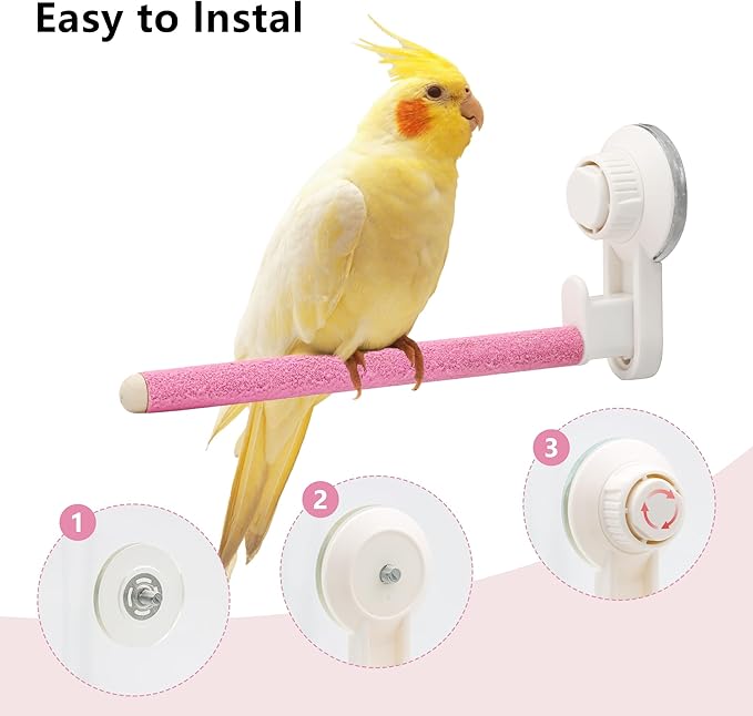 2Pcs Suction Cup Bird Perch,Wooden Parrot Window/Mirror/Car/Travel/Shower Perches Stand Quartz Portable Parakeet Grinding Stick Training Toys for Small and Medium Birds(Pink)