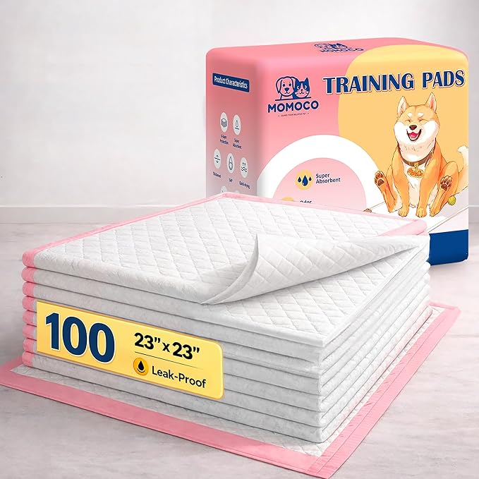 MoMoCo Pink Puppy Pads 23" x 23", 6-Layer Super Absorbent Dog Pee Pads, Leak-Proof Training Pads for Hardwood Floors & Apartments, Flash-Dry Disposable Potty Pads for Puppies & Senior Dogs, 100 Count