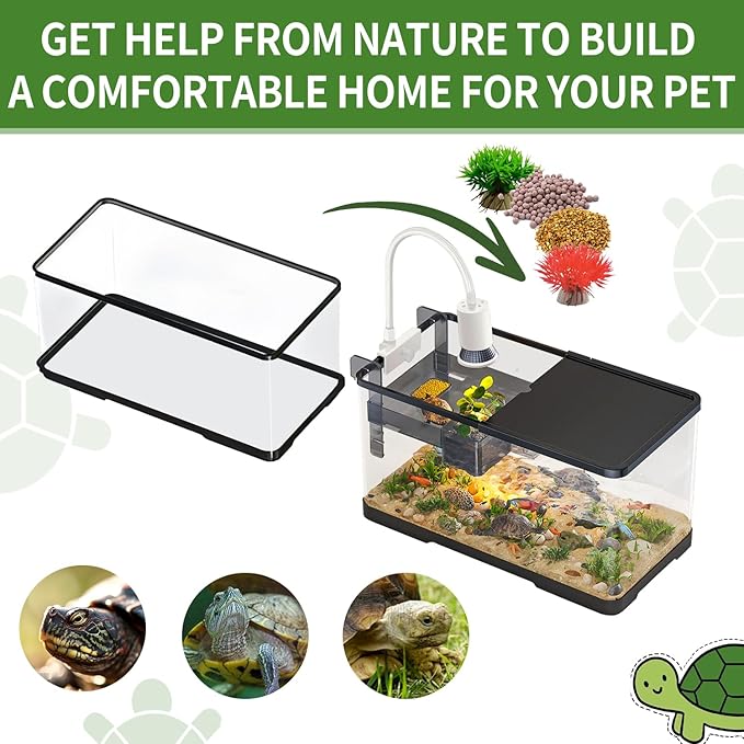 (Tank + Light + Filter + Filter Balls) Turtle Tank Kit, Turtle Tank Starter Kit,Bottom Drainage, Multi-Function Areas for Turtles, Crabs,Fishes, Amphibians,Reptiles. (15.75 x 8.64 x 8.64 Inch)