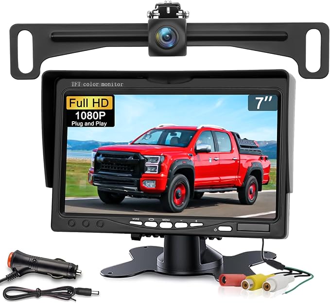Kairiyard Backup Camera with 7 Inch Monitor, HD 1080P Reverse Rear View Camera Waterproof DIY Grid Lines No-Delay Wired License Plate Camera System for Truck Car SUV