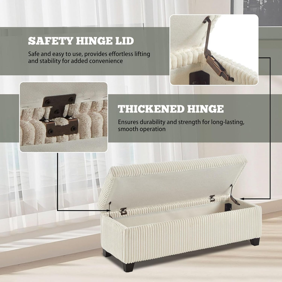 48" Ottoman with Storage, Corduroy Storage Ottoman Bench for Bedroom, End of Bed Bench with Safety Hinge for Living Room, Bedroom, Entryway, White
