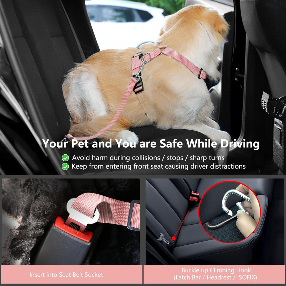 Dog Seat Belt, Safety Vest Dog Car Harness with Adjustable Buckle Dog Seat Belt for Vehicle Nylon Pet Safety Seat Belts Heavy Duty(S, Pink Daisy)