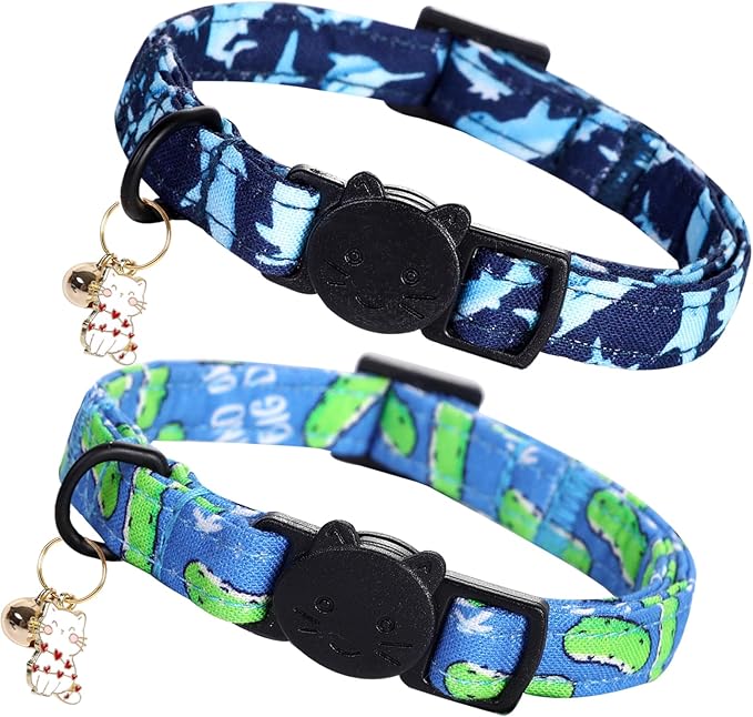 Elegant little tail 2 Pack Cat Collar-Shark Print Cotton Breakaway Cat Collars with Bell Pendant Kitten for Boy Safety Adjustable Collar for Small Cats Puppy