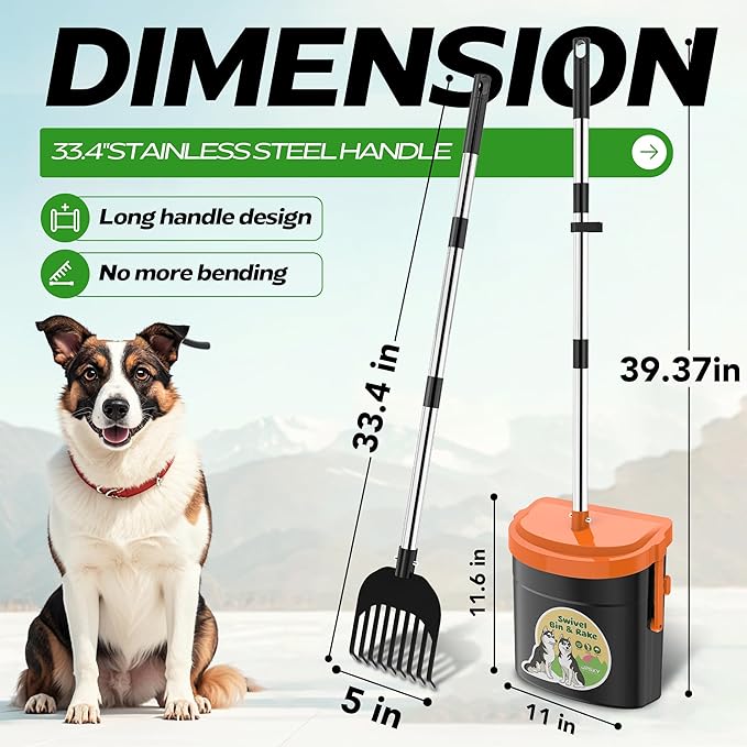 UPSKY Dog Pooper Scooper Swivel Bin & Rake Kit with 100 Waste Bags,33.4" Stainless Steel Long Handle Heavy Duty Pet Poop Shovel for Large Medium Small Dogs, Odor-Proof Lid for Yard/Lawn/Outdoor Use