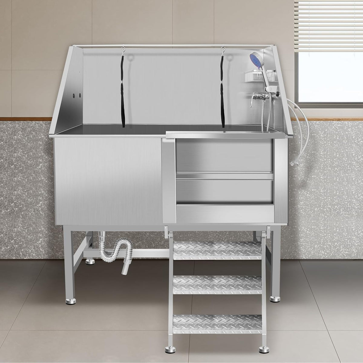 Dog Washing Station 38'' Stainless Steel Pet Grooming Tub for Large Dogs Over-Size Professional Dog Grooming Bathtub Station Wash Shower Sink Pet Grooming Bathtub Station