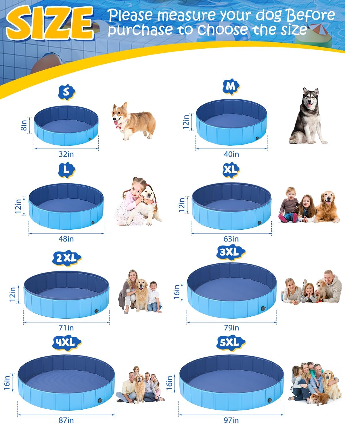 YSJILIDE Portable Dog Pool PVC Pet Swimming Bathtub Collapsible Hard Plastic Pool for Pets to Swim and Bath (M-40"x 12" Blue)