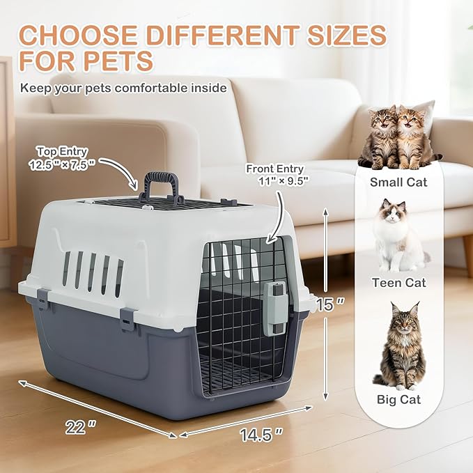 MoNiBloom 22-Inch Dog Crate Plastic 2-Door Top Loading Cat Carrier, Hard-Sided Dog Travel Carrier for Small Dogs and Cats, Ventilation and Security Lock Design for Pets up to 22 lbs (Grey)