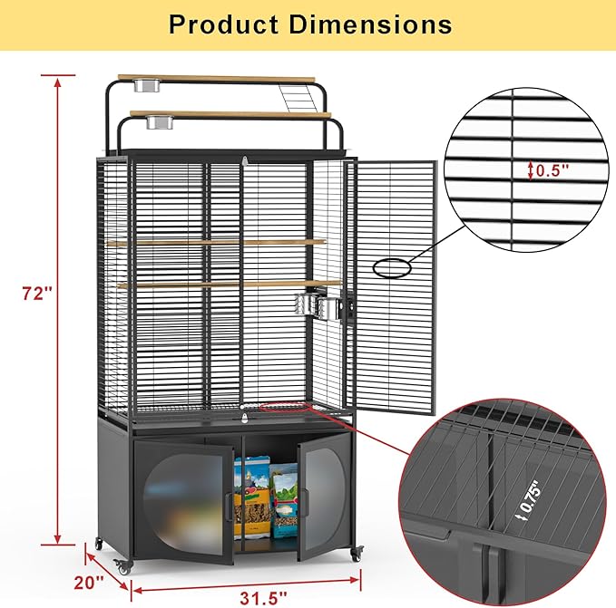 GDLF 72-Inch Bird Cage with Play Top, Parakeet Cage with Rolling Storage Cabinet Extra Large with Cover for Parrot, Cockatiel, Budgie, Parrotlet, Green Cheek Conure