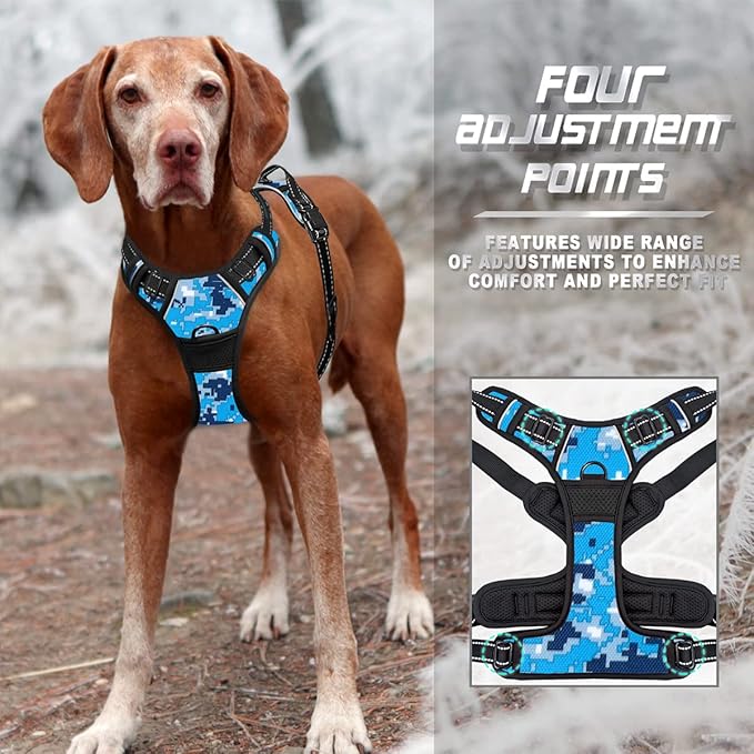 BARKBAY No Pull Dog Harness Front Clip Heavy Duty Reflective Easy Control Handle for Large Dog Walking(Blue camo,L)