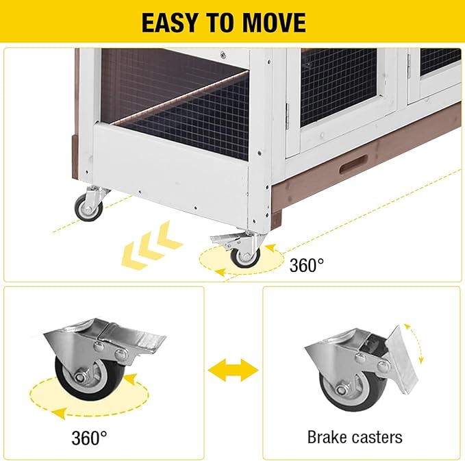 Aivituvin Bunny Cage Rabbit Hutch Indoor Rabbit House with Wheels Outdoor Guinea Pig House with Two Plastic Tray (Brown)