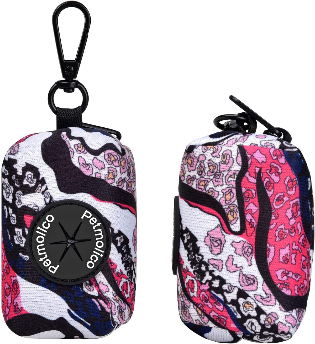 Petmolico Dog Poop Bag Holder Leash Attachment, Dog Waste Bag Dispenser Zippered Pouch, Fits Any Leash, Includes Free Roll of Poop Bags Dispenser - 2 Pack, Colorful Leopard