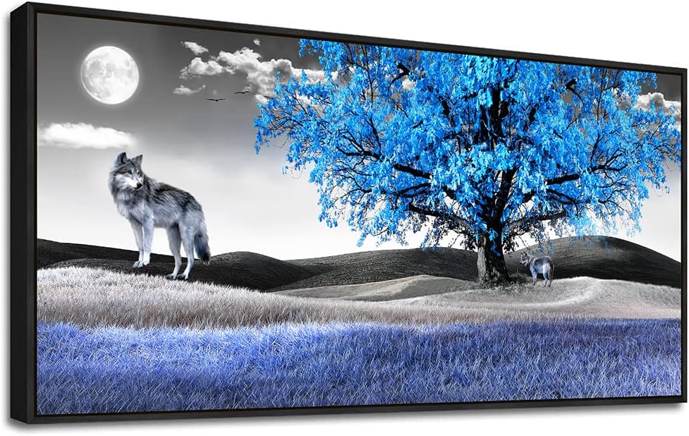 Frame Canvas Wall Art For Living Room Family Wall Decorations For Bedroom Modern Office Wall Decor Paintings Blue Tree Landscape Pictures Artwork Canvas Art Prints Home Decor Black Framed 24" X 48"