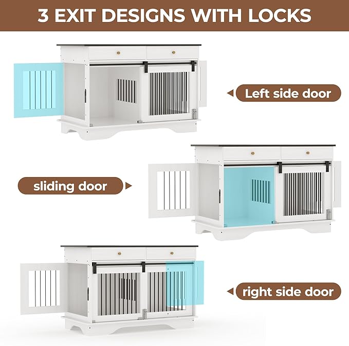Dog Furniture Crate, 47" Large Dog Crate Furniture w/ 2 Storage Draws & Removable Divider for Large/Medium/Small Dogs (White, One Cage)