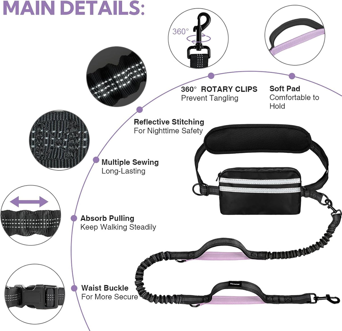 Hands Free Dog Leash with Pouch, Double Leash for Two Dogs, Retractable Bungee with Double Padded Handles, Dog Waist Leash for Dog Walking, Running Leash for Dogs, Dog Walking Accessories